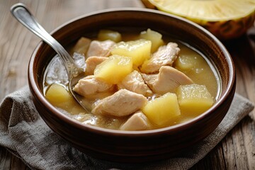 Pineapple Bitter Melon Chicken Soup with spoon served in bowl isolated on napkin side view of taiwan food