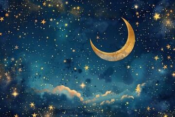 Naklejka premium golden glossy, A design of a colorful patterned invitation or greeting card A design of a crescent moon and stars in a night sky