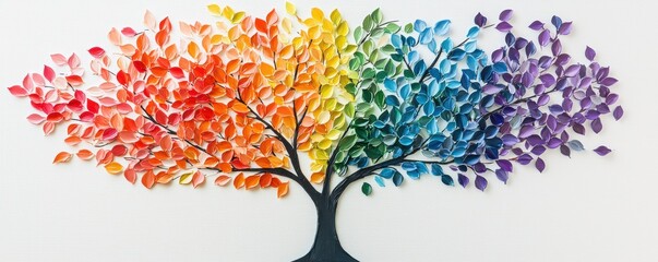 Obraz premium A vibrant tree with rainbow-colored leaves symbolizes diversity, creativity, and nature's beauty against a textured white background.