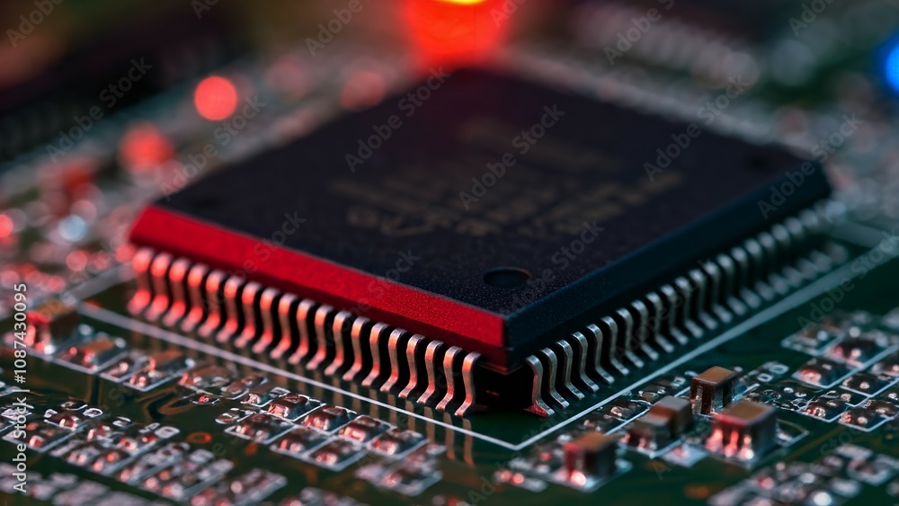 Aufkleber close-up of a microchip on a red-illuminated electronic circuit board.
