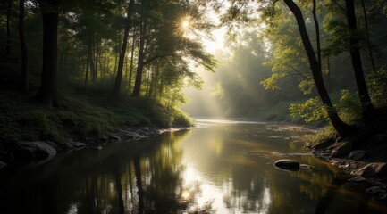 Serene forest river at sunrise