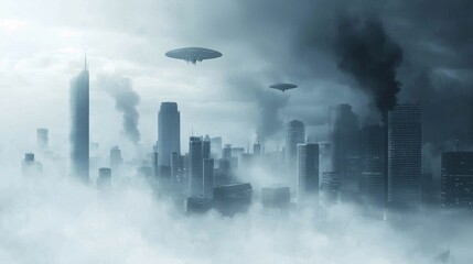 Fototapeta premium Apocalyptic Cityscape: Alien Invasion Unleashed, A Futuristic Dystopia of Chaos and Destruction with Dramatic Lighting Effects, Conceptual Sci-Fi Art
