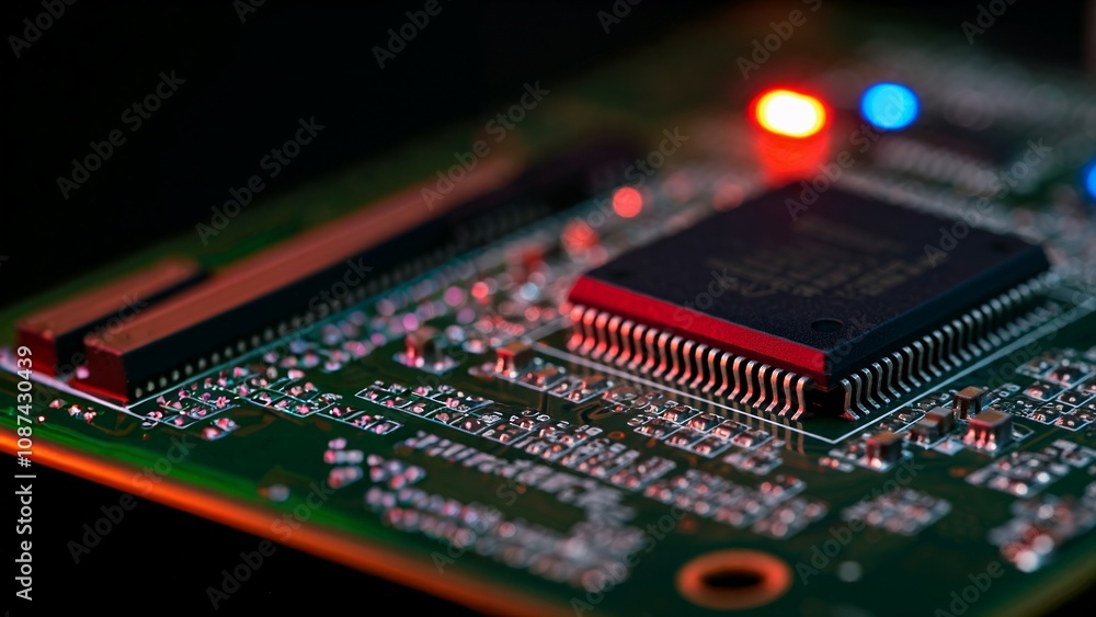 Poster close-up of a computer chip on a green circuit board with glowing red and blue lights.