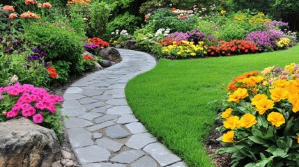 Fototapeta premium Tranquil Formal Garden Scene with Vibrant Flowers