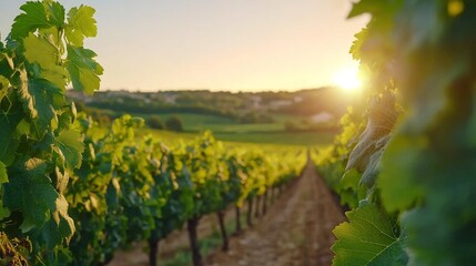 Naklejka premium Lush verdant organic vineyard with thriving eco friendly grape vines bathed in the warm glow of natural sunlight A scenic