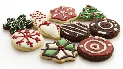 Obraz premium An artistic arrangement of decorated Christmas cookies displayed on a white background, creating a minimalist look.