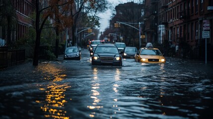 Urban flooding after heavy rainfall with cars navigating waterlogged streets in city environment