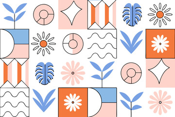 Retro Hand-Drawn Tropical Summer Seamless Pattern with Geometric Patchwork and Exotic Jungle Palm Tree Mosaic