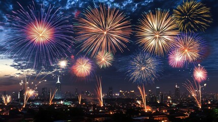 Naklejka premium Colorful fireworks display over city skyline at dusk