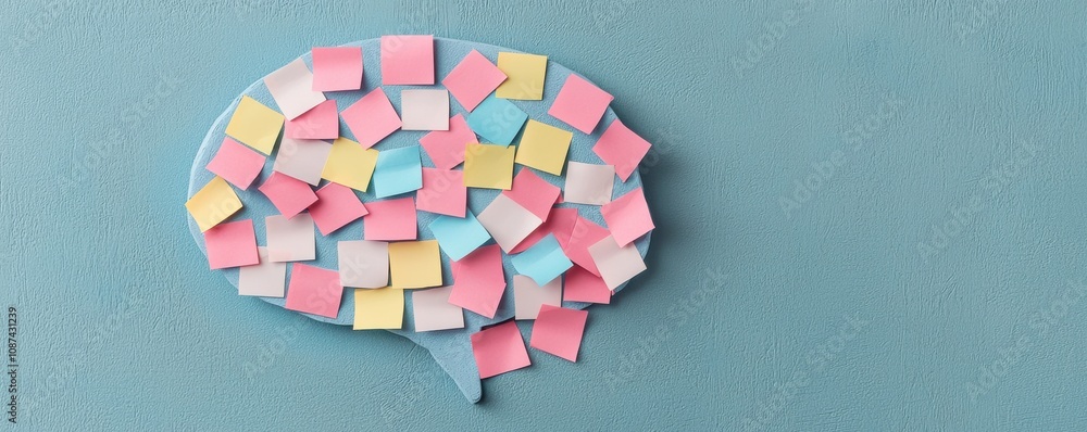 Poster a creative representation of a brain made from colorful sticky notes on a textured blue background.