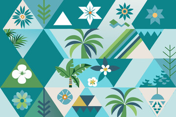 Obraz premium Retro Hand-Drawn Tropical Summer Seamless Pattern with Geometric Patchwork and Exotic Jungle Palm Tree Mosaic