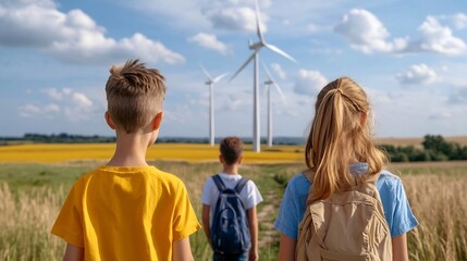 Students from a local school or university participate in a field trip  where they interact with hands on wind turbine models to learn about renewable energy  sustainability