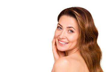 Close up side profile photo beautiful amazing mature she her lady white teeth salon spa procedures...