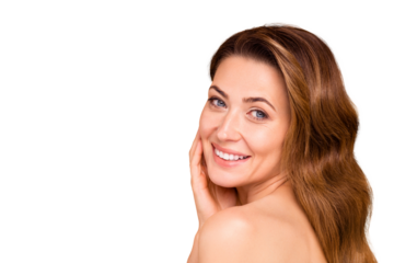 Close up side profile photo beautiful amazing mature she her lady white teeth salon spa procedures aesthetic pretty ideal appearance nude arm hand palm touch cheek isolated pastel beige background