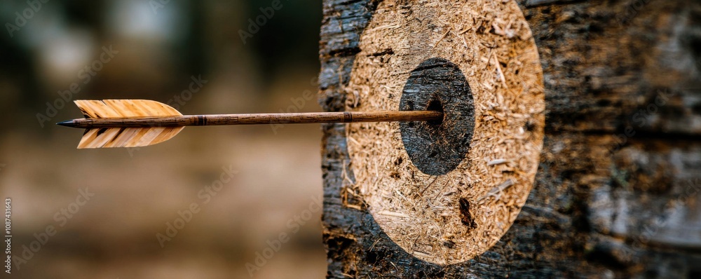 Poster a close-up of an arrow embedded in a wooden target, showcasing the craftsmanship of archery and the 