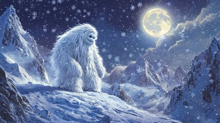 An artistic interpretation of the abominable snowman in a snowy mountain setting, surrounded by snowflakes and a bright moon.