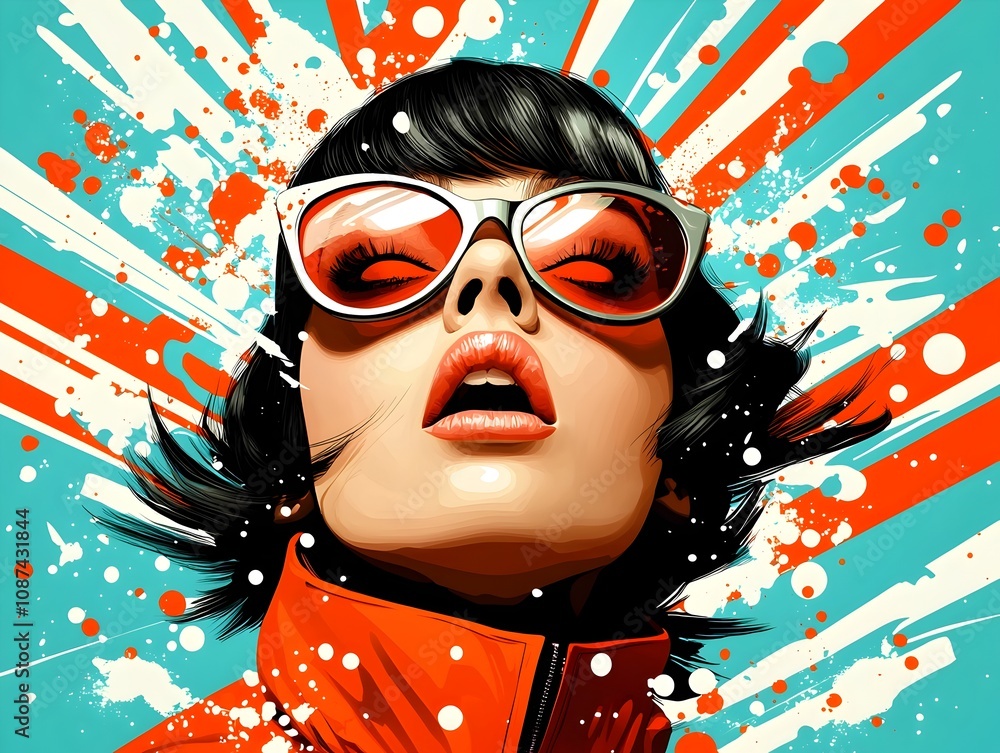 Poster retro pop art woman with striking features and expressive gestures rendered in a vibrant screen prin