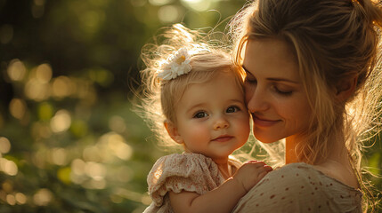 Cute baby girl being held by her mom in a sunny forest setting, with the family enjoying a peaceful day in nature