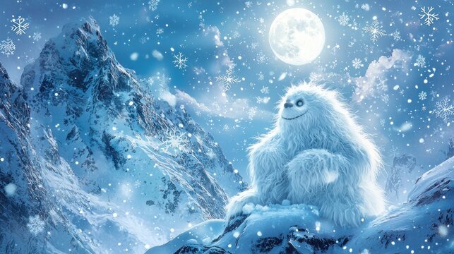 An artistic interpretation of the abominable snowman in a snowy mountain setting, surrounded by snowflakes and a bright moon.