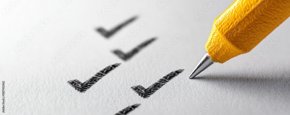 Poster a close-up of a yellow pencil marking checkboxes on a white surface, symbolizing task completion and