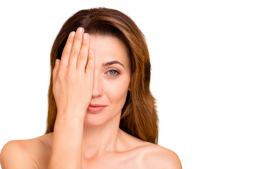 Close up photo beautiful amazing mature she her lady hide half face arm hand salon spa procedures say no injections any age is pretty ideal aesthetic appearance nude isolated pastel beige background