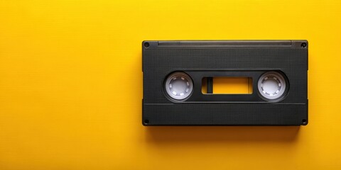 Obraz premium A black VHS video cassette on a vibrant yellow background. A nostalgic reminder of home entertainment in the past.