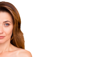 Cropped close up photo beautiful amazing mature she her lady hide half face salon spa procedures say no injections any age is pretty ideal aesthetic appearance nude isolated pastel beige background