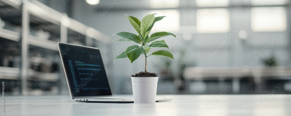 Poster a small plant grows in a pot next to a laptop, symbolizing the connection between nature and technol