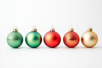 Row of colorful Christmas baubles on white