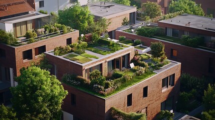 Fototapeta premium Sustainable Residential Area with Geothermal Heating and Rooftop Gardens A modern eco friendly community demonstrating green infrastructure and renewable energy solutions for urban living