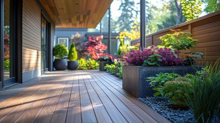 A wooden deck extends from a modern home into a lush, green garden with potted plants, flowers and a gravel walkway.