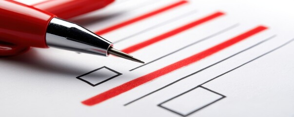 A close-up of a red pen resting on a document with checkboxes and red lines, indicating a task or form completion.