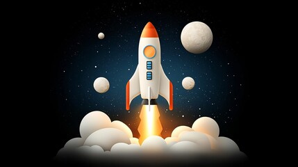 Naklejka premium Minimalist flat design of a sleek stylized spaceship or rocket orbiting the crescent moon against a dark starry cosmic background with simple