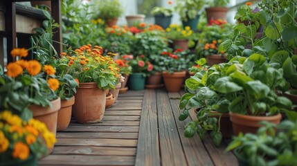 Fototapeta premium A wooden deck lined with terracotta pots overflowing with vibrant orange and green plants.