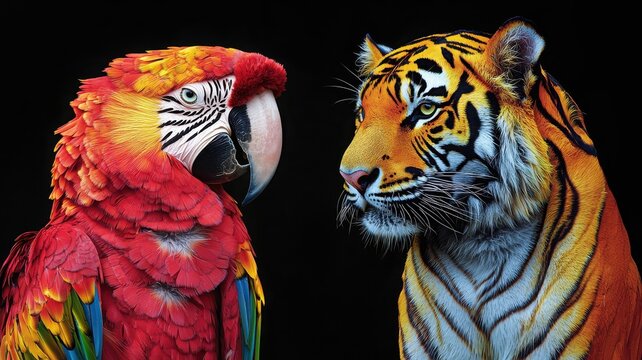 A vibrant parrot and a majestic tiger face each other against a dark backdrop.