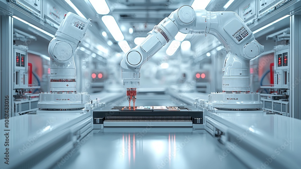 Poster robotic arms assembling pcbs in modern factory setting