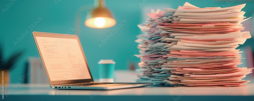 Poster a cluttered workspace featuring a laptop beside a large stack of paperwork, symbolizing overwhelming