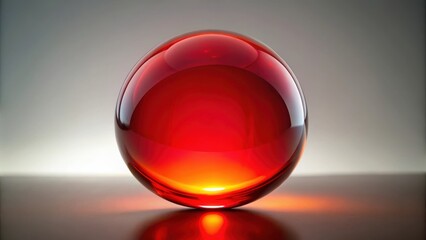 A perfectly round red glass sphere reflects a soft light on a table top. The sphere's smooth surface is illuminated by a warm, golden glow, creating a striking contrast against the gray background.