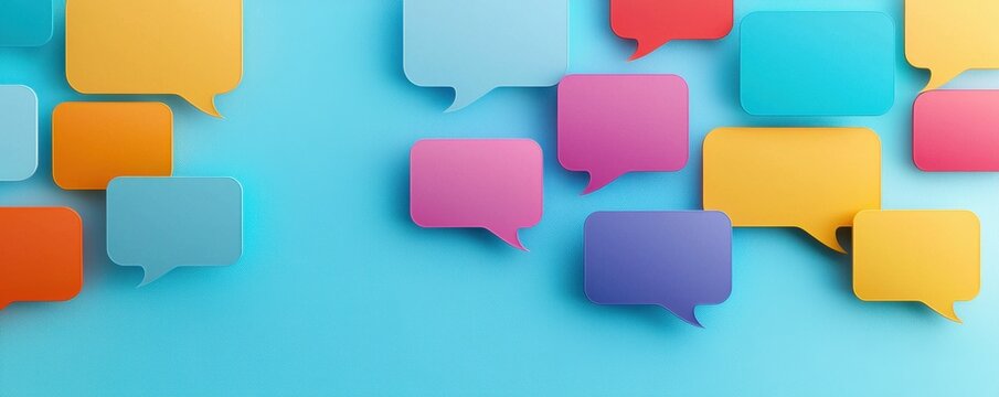 Colorful speech bubbles on a vibrant blue background, symbolizing conversation, communication, and engagement.