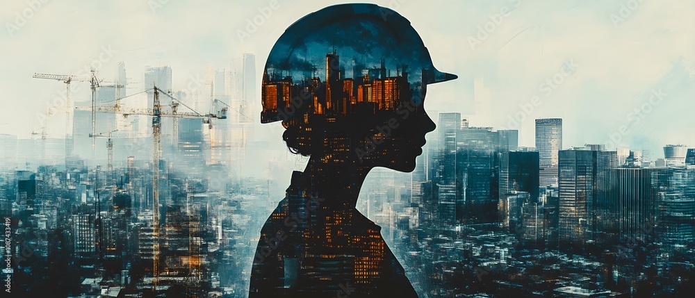 Poster Silhouette of a Construction Worker with a Cityscape Reflection, Combining Modern Architecture and Urban Development in a Compelling Double Exposure Artwork