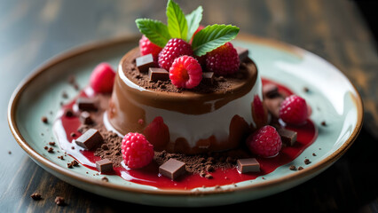 An Exquisite Presentation of Chocolate Panna Cotta with Raspberry Jelly Topped with Fresh Raspberries and Gourmet Chocolate Pieces
