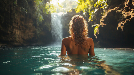 Female adventurer enjoying the freedom of swimming in a secluded natural pool, with a waterfall and tropical greenery in Bali