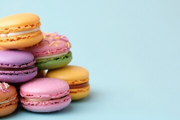 Obraz premium Colorful macarons piled high against a soft blue background, tempting and delightful treat.