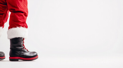 Santa Clausâ€™s legs are the focal point, captured in a standing pose with red pants and soft white fur trim. The polished black boots anchor the scene, while the plain white background ensures a