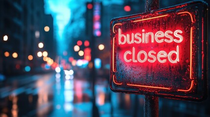 Neonlit holographic business closed notice urban city street high fidelity evening scene rainy environment close-up view for visual impact