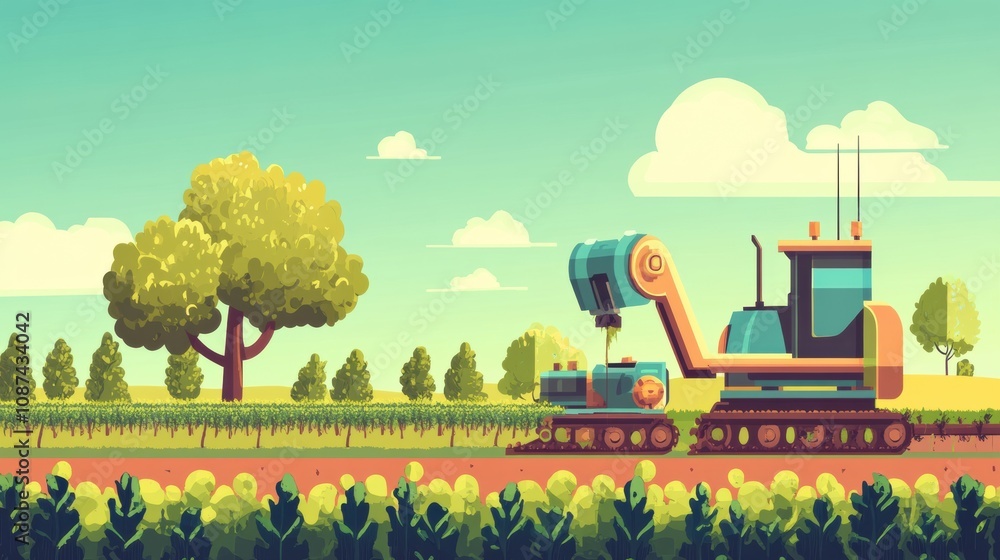 Poster advanced robotic machines are actively working in a lush green farm, planting and harvesting crops u