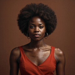 Portrait of a confident woman in a red dress with natural afro hair. This portrait is supported with ai. 