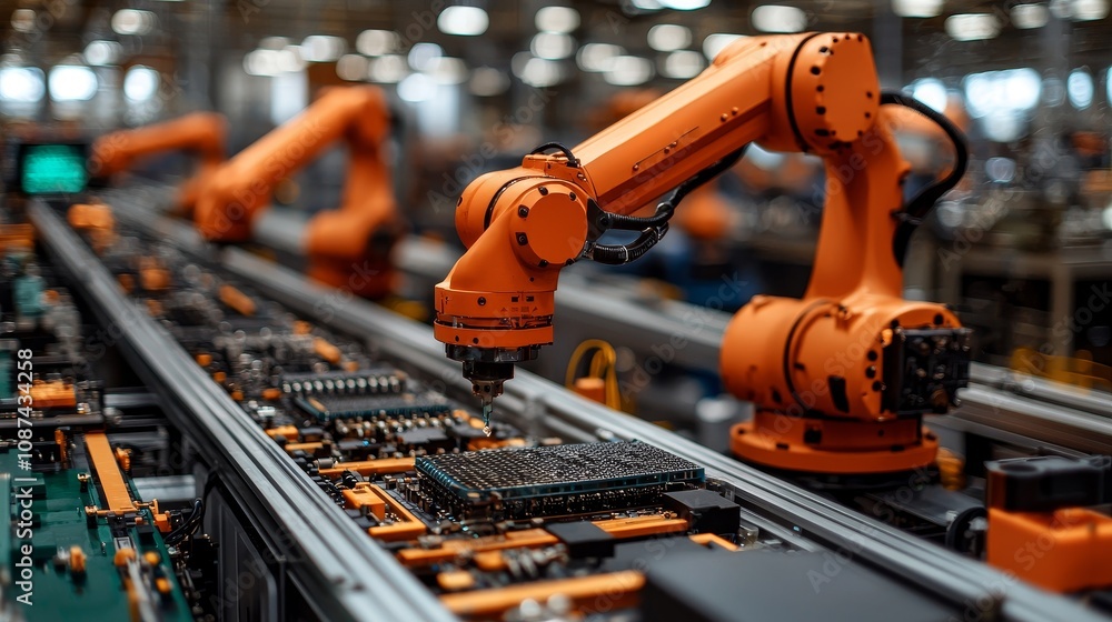 Poster robotic arm soldering on circuit boards in factory setting