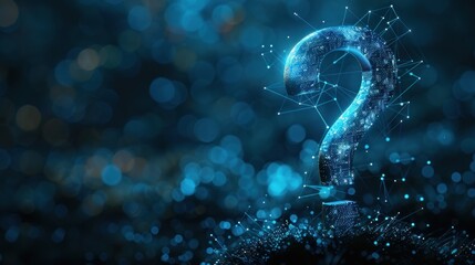 Obraz premium A glowing blue question mark made of connected dots and lines against a blue bokeh background.