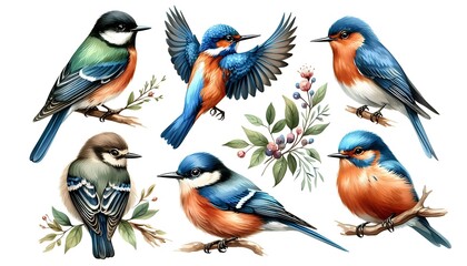 Fototapeta premium Colorful Songbirds Perched on Branches With Leaves and Berries. generator AI